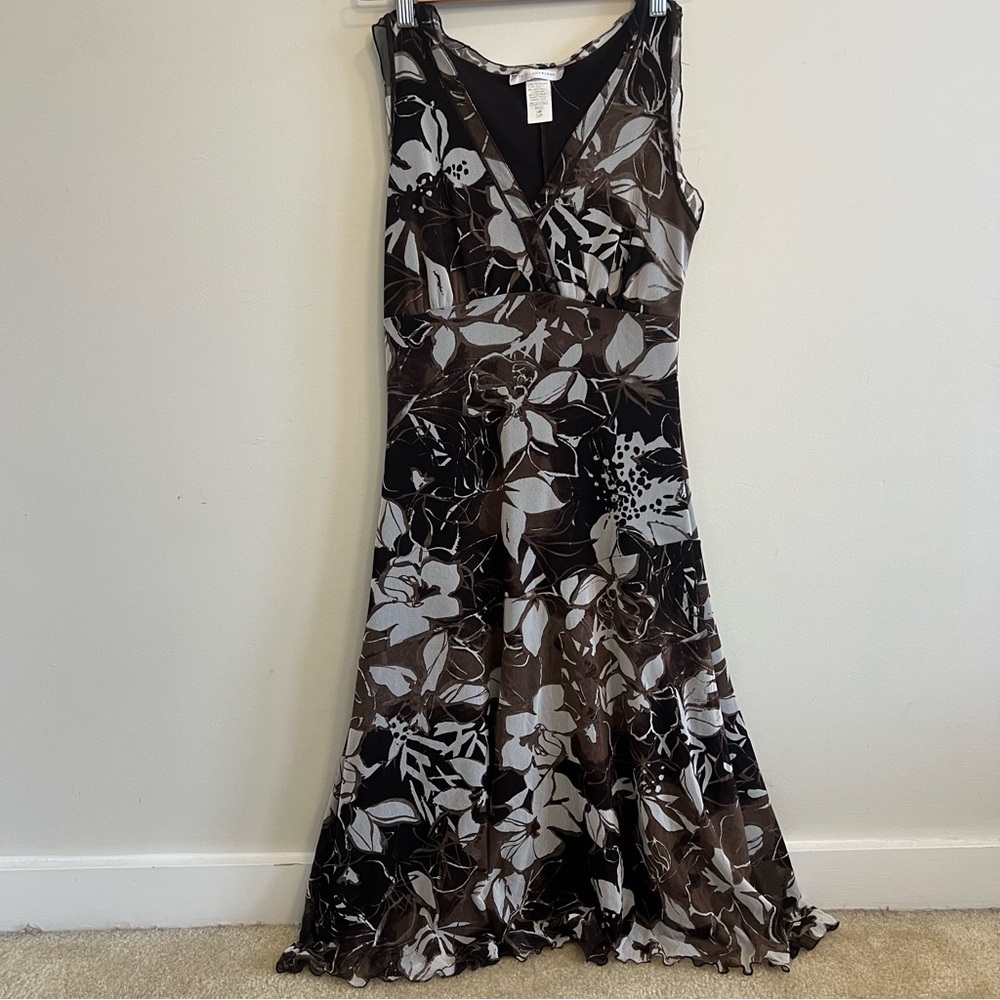 Papillon Blanc Brown Floral Midi Dress Boho Frilly Garden Girly V Neck Dress
